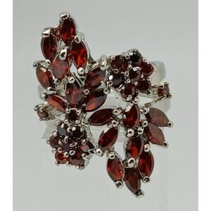 Vintage Ring Size 7.75 Silver Tone White Gold GP Red Garnet CZ Cluster Cocktail